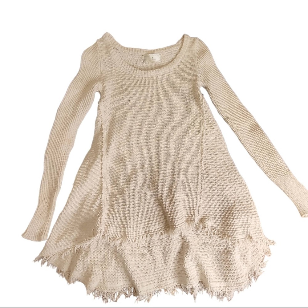 Ruby Moon Waffle Knit Sweater Womens XS Cream Frayed Hem A-Line Cotton